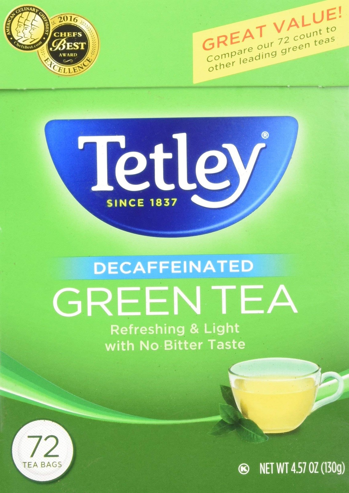 Tetley Green Tea, Decaffeinated â€‘ 72 72 Count (Pack of 1), Decaf Tea