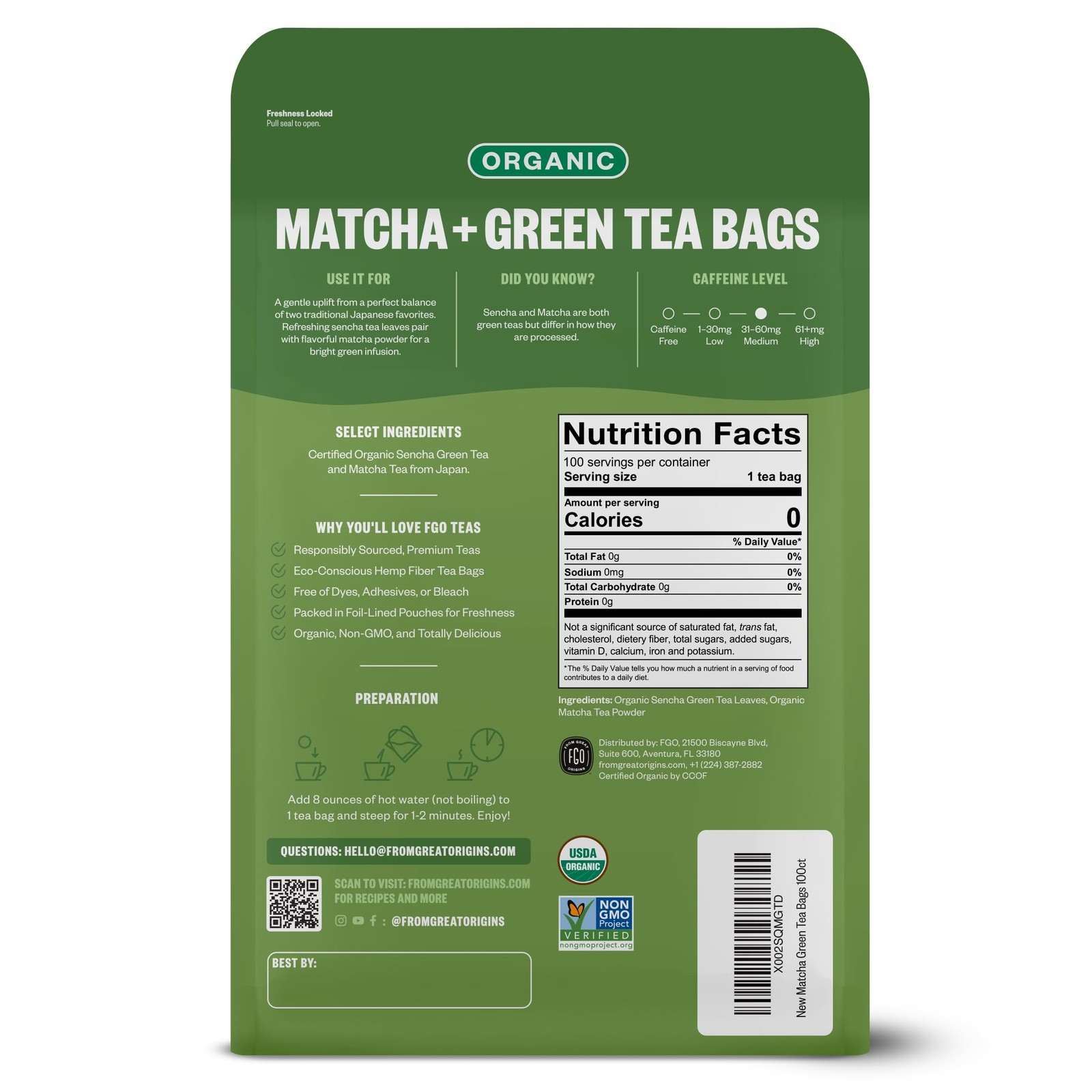 Organic Japanese Matcha + Green Tea, 100 Count, EcoConscious Tea Bags, Reseal…
