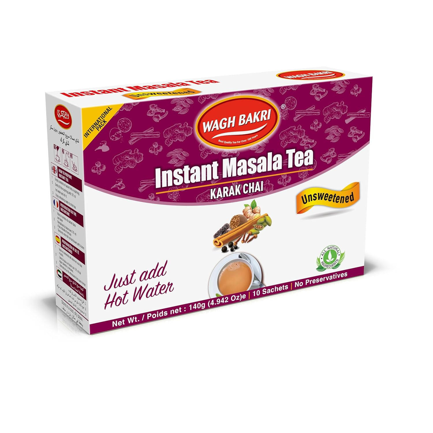 Instant Masala Chai Tea Unsweetened 10 Sachets 140g