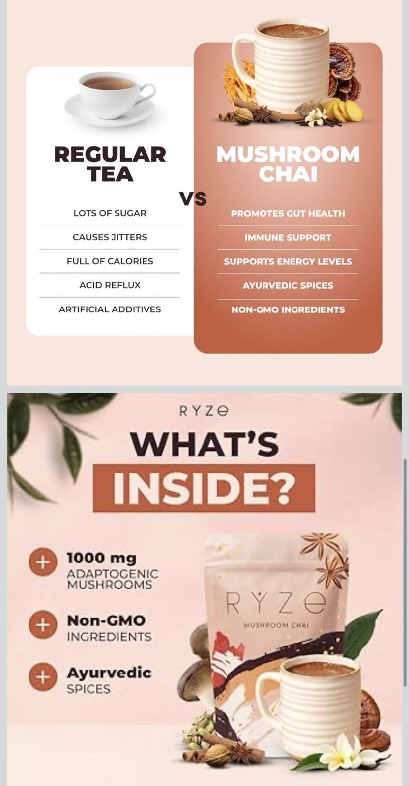 RYZE Mushroom Chai Tea & Infusion Powder Adaptogenic Non-GMO Ayurvedic Spices