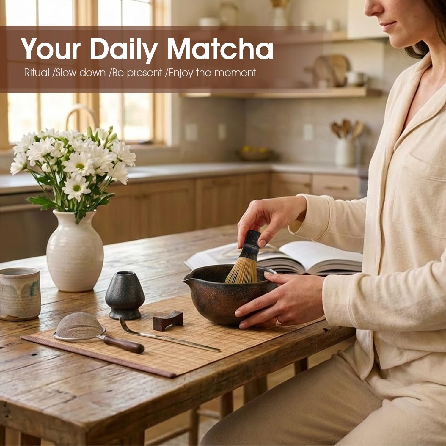 Matcha Whisk Set 7 Pc Handmade Bowl Purple Bamboo Chasen Holder Scoop Mat