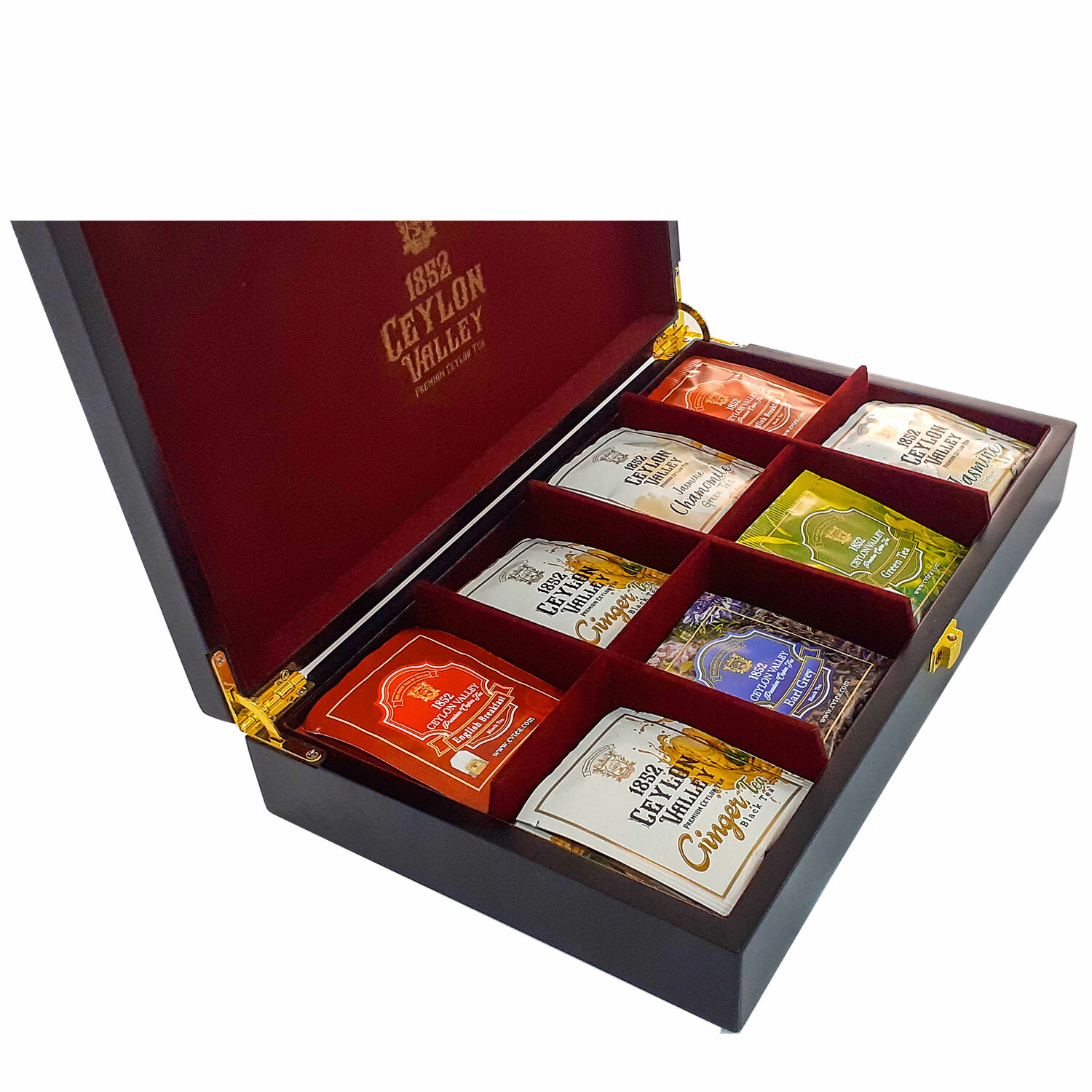 Ceylon Variety Gift Pack 8 Tea Flavors. 64 Enveloped Tea Bags in Wooden Gift Box