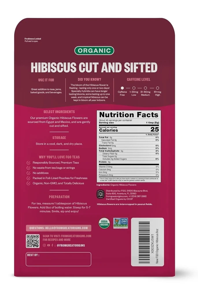 Organic Hibiscus Flowers, Cut and Sifted, Loose Tea, 8oz Resealable Bag, Pack…