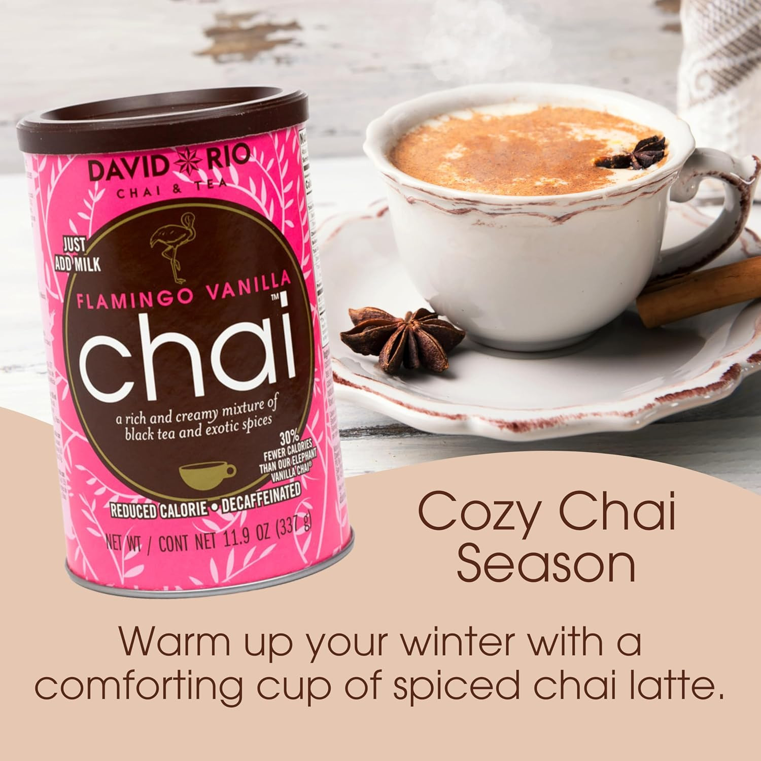 Flamingo Vanilla Decaffeinated Reduced Calorie Chai Tea Latte Mix, 11.9 Oz, Deca