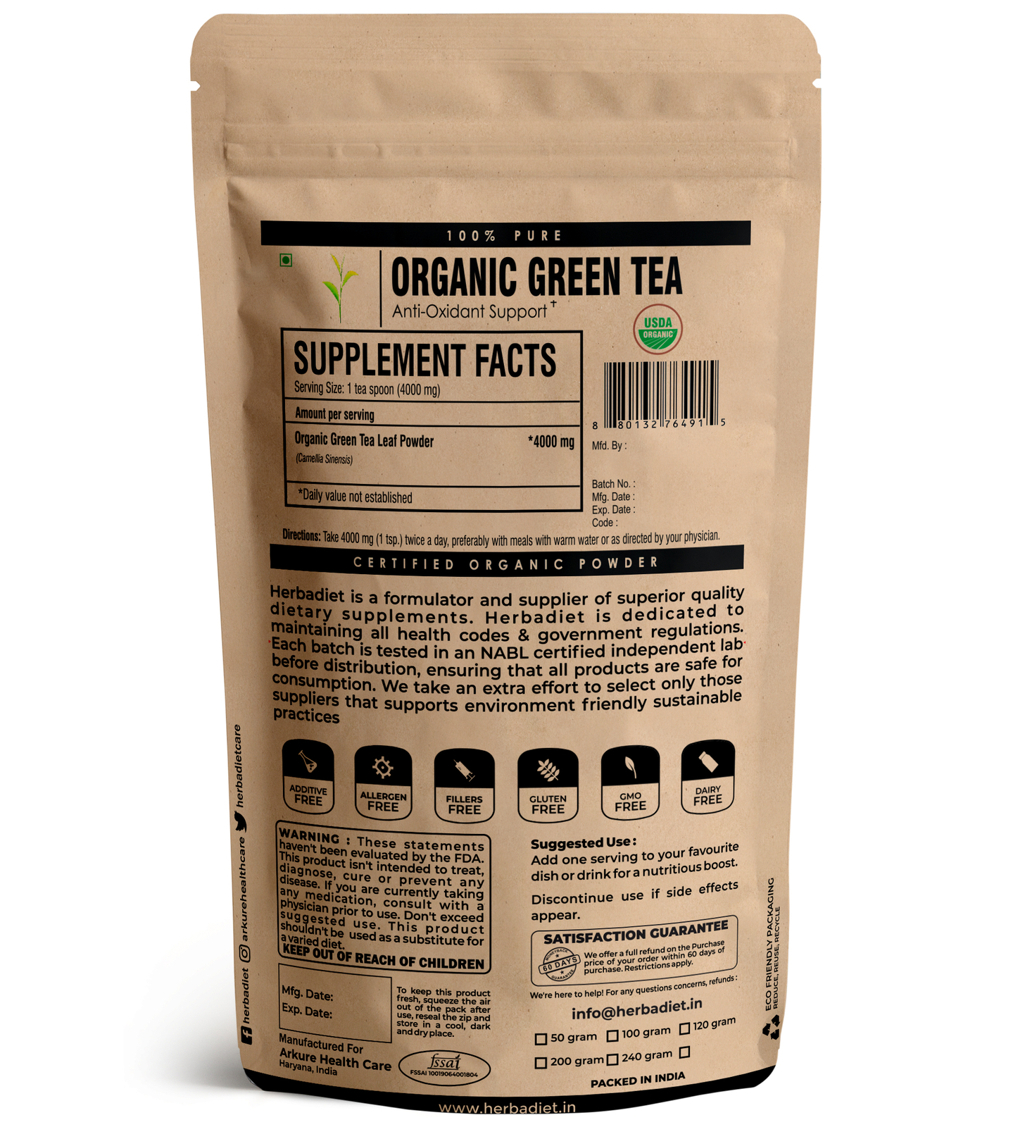 Organic Green Tea Powder Polyphenols EGCG Weight Loss Energy Detox Fat Burner