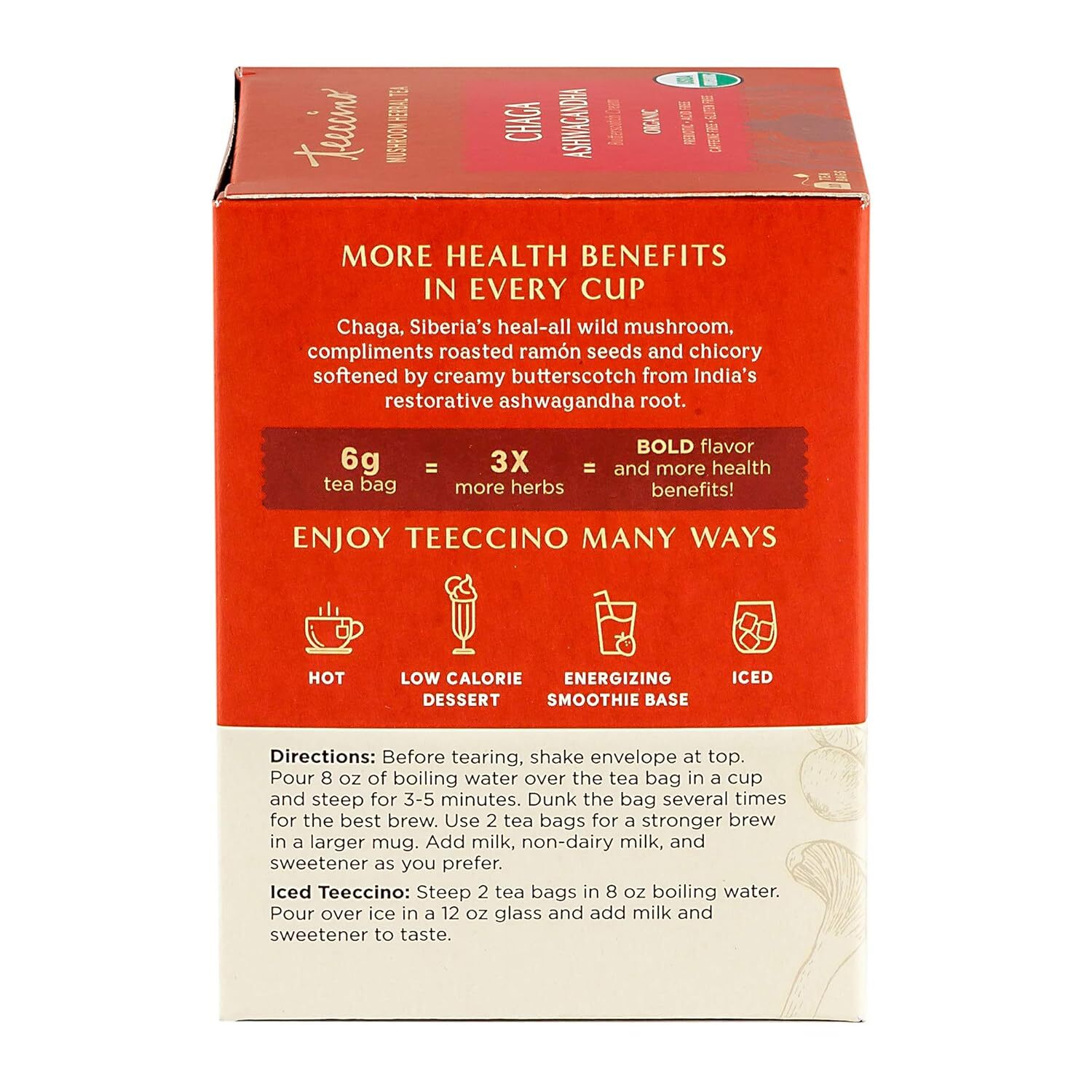 Teeccino Organic Chaga Ashwagandha Mushroom Herbal Tea 10 Bag