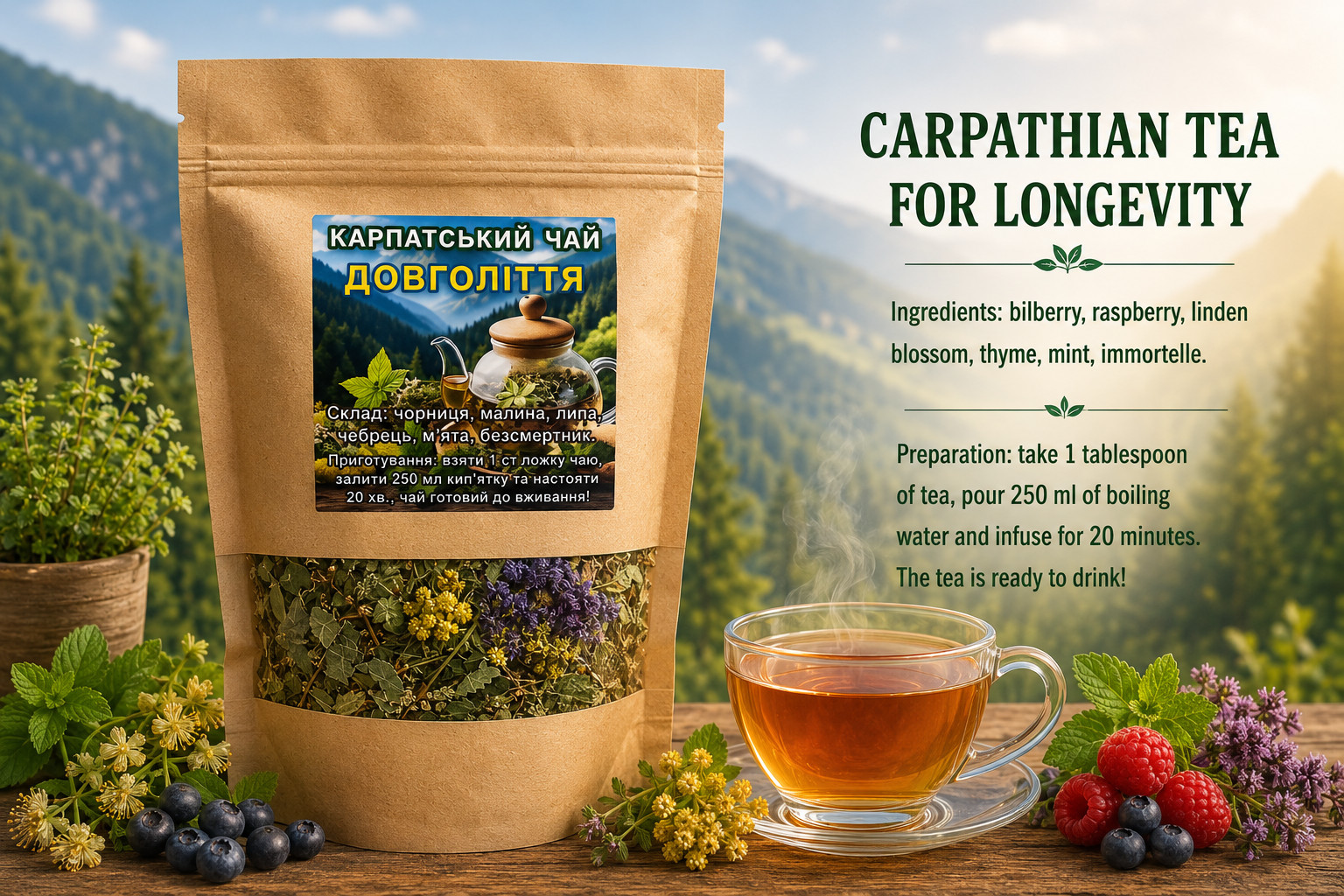 Carpathian For Longevity Herbal Tea 120g Blueberry Mint Herb Blend