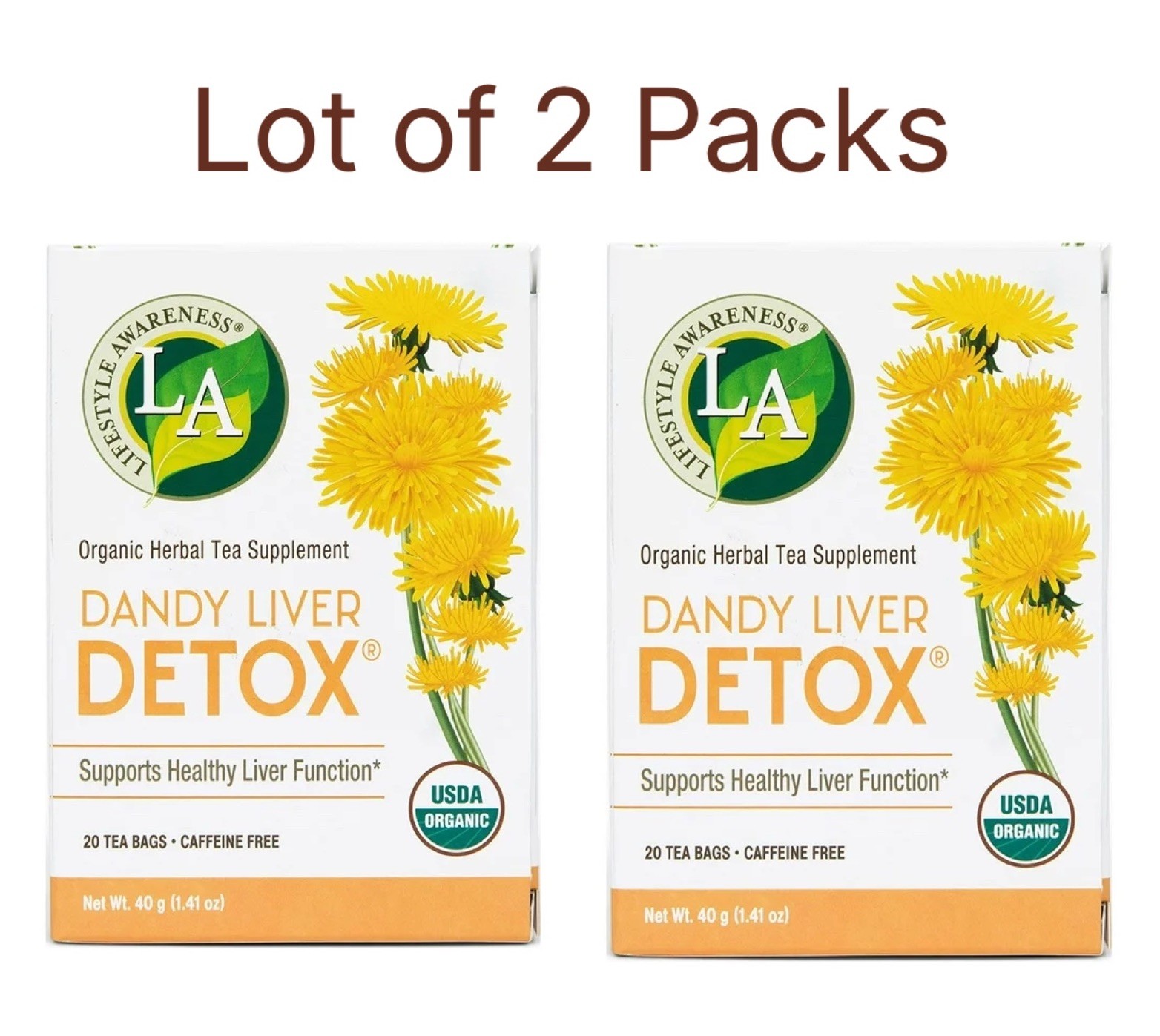 Lot Of 2’ Lifestyle Awareness Caffeine Free Dandy Liver Detox Tea, 20 Count Each