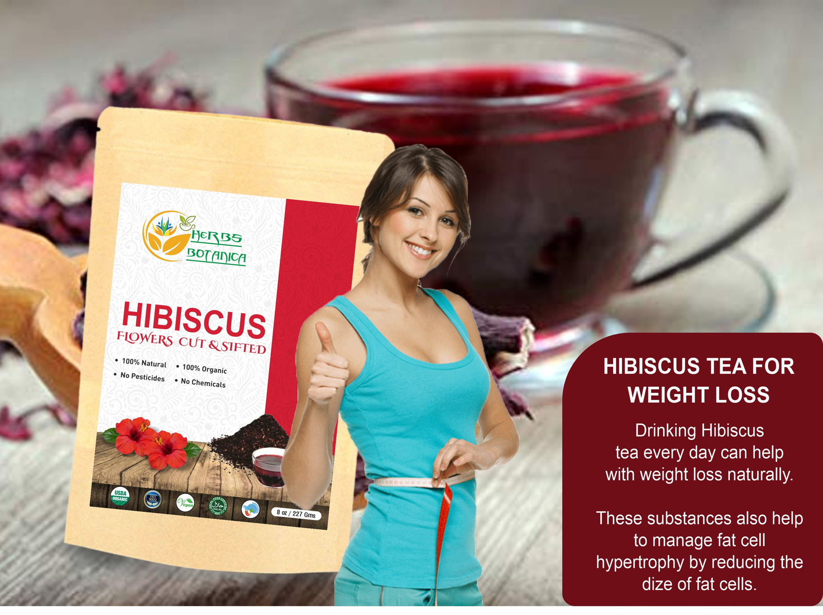 Organic Hibiscus Flowers Loose Cut And Sifted For Herbal Tea Keto Friendly 8 oz