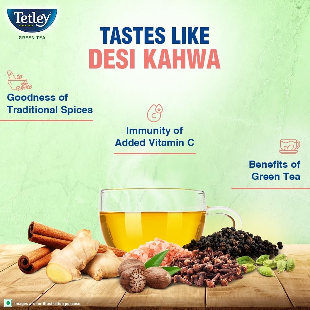 Tetley Green Tea Immune Kahwa with Pink Salt, Ginger, Cardamom Spiced green tea