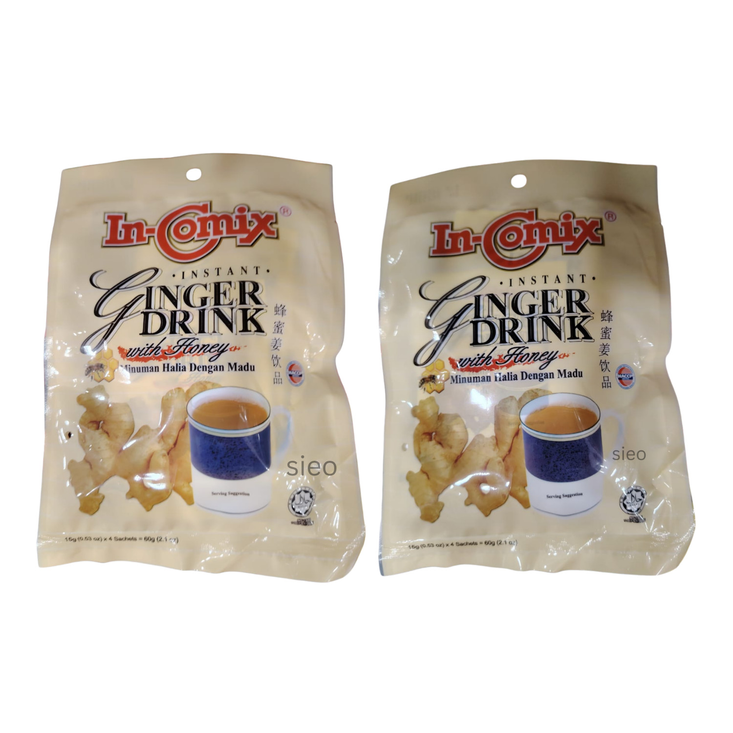 In-Comix Instant Ginger Drink Honey 2 Packs 120g 8 Sachets Total Halal Tea Mix