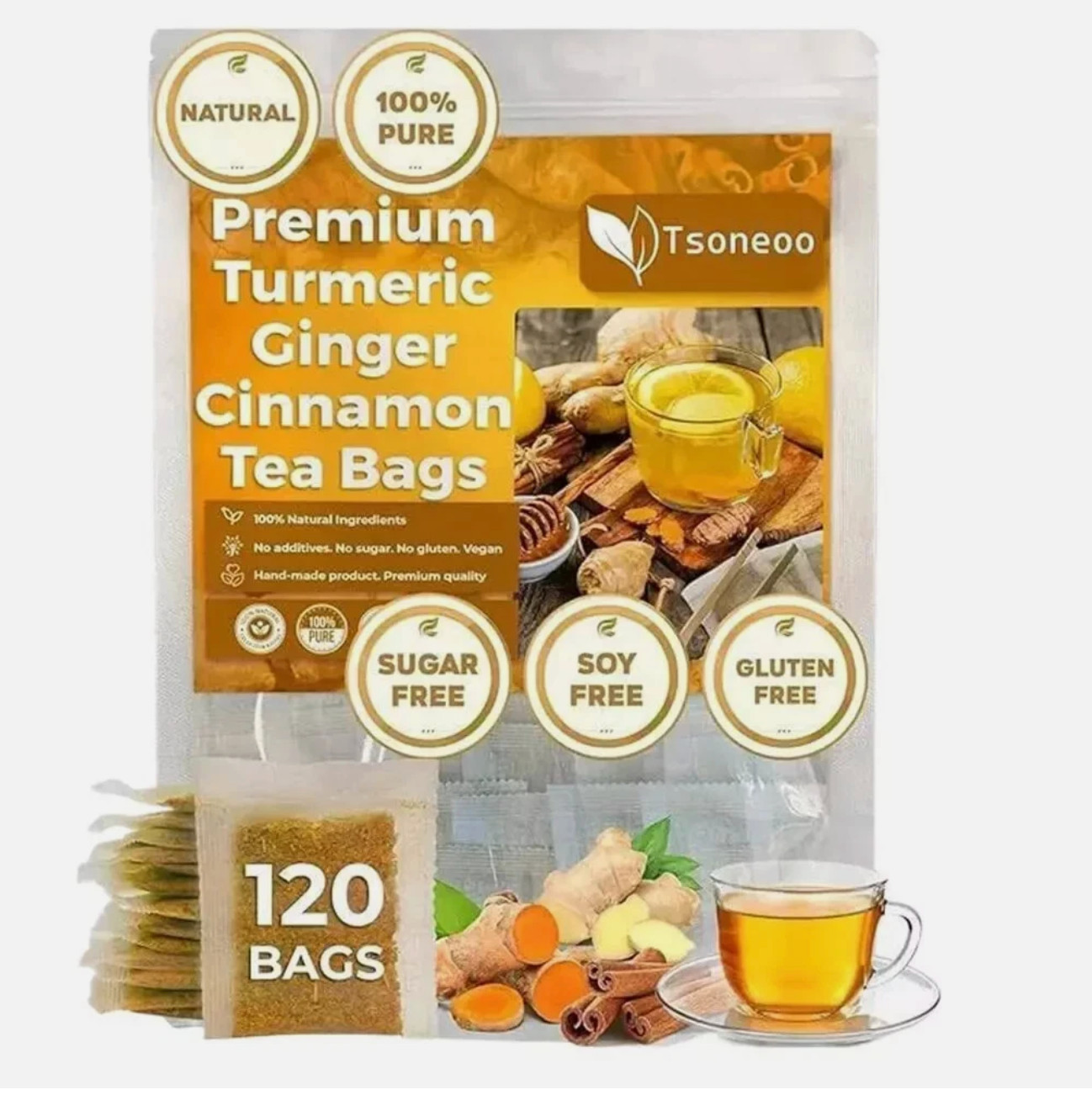 120 Premium Turmeric Ginger Cinnamon Tea Bags, 100% Natural &No Additive Support