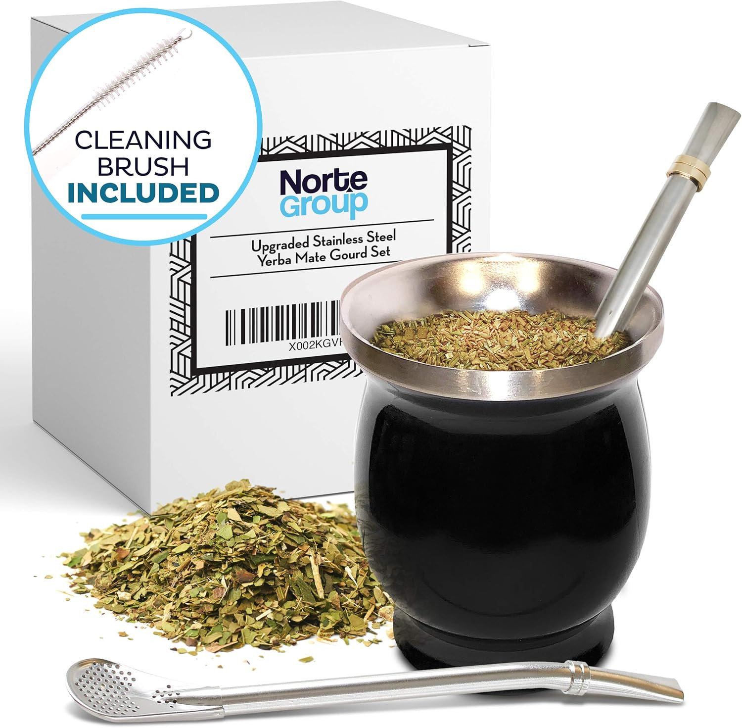 8 oz Yerba Mate Cup Kit Stainless Steel Gourd Set with 2 Bombillas Black