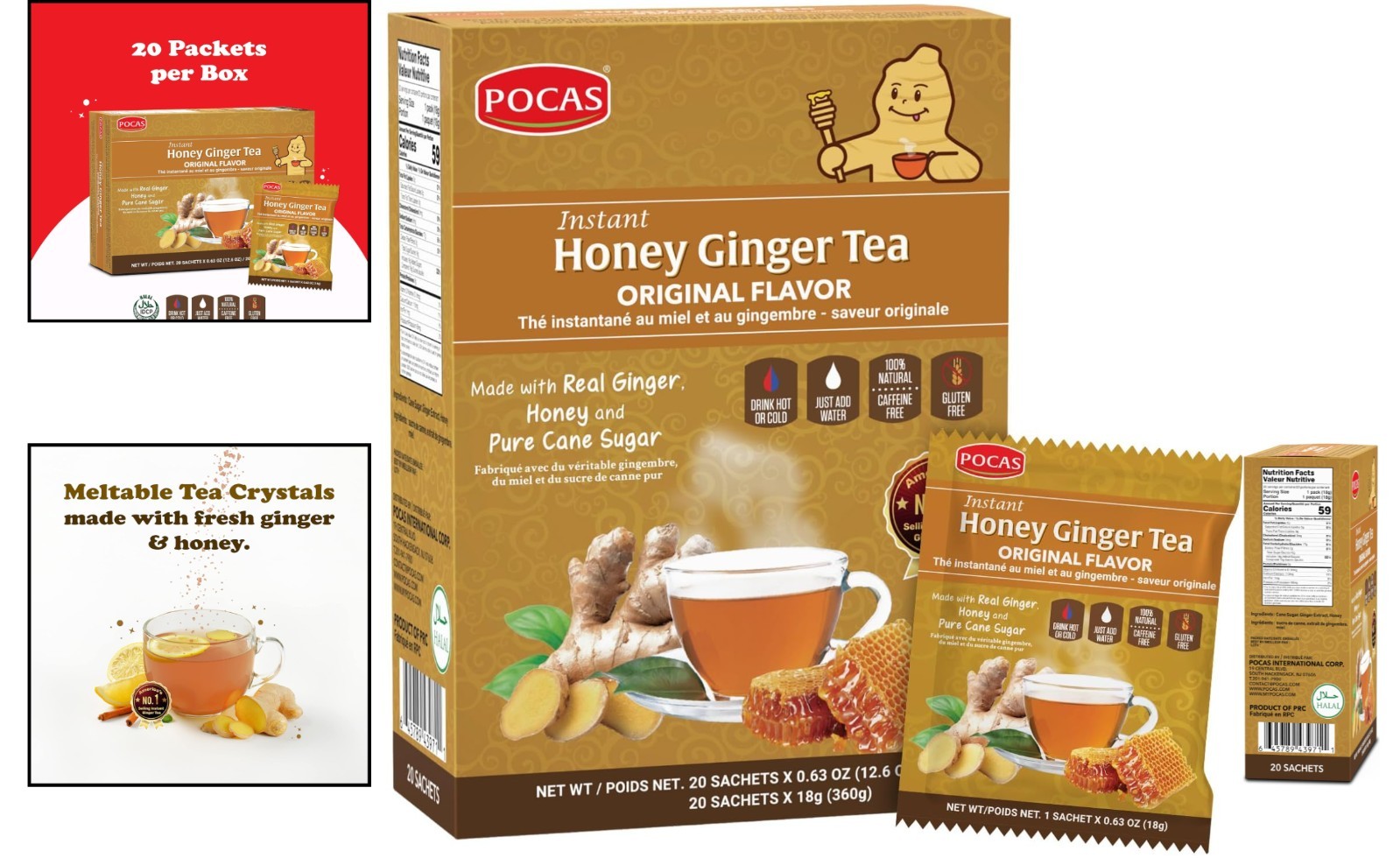 Comforting 20-Pack Honey Ginger Instant Tea Powder – Caffeine Free & Gluten Free