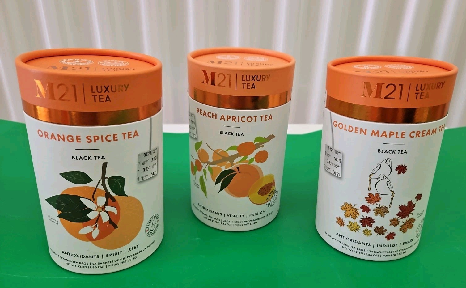 M21 Cans Of 24 Orange Spice Peach Apricot Golden Maple Bags Sealed Black Tea