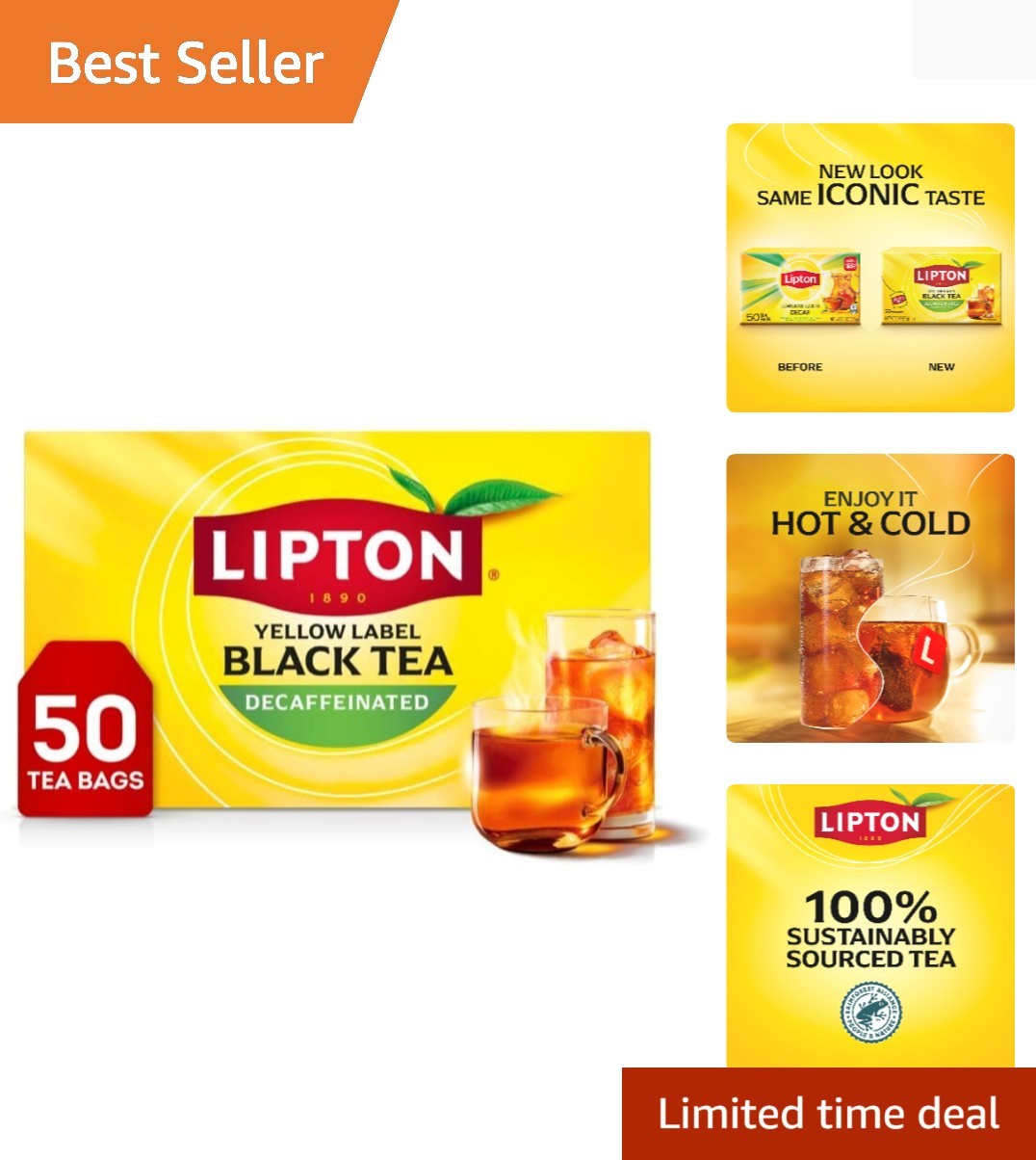 Lipton Decaf Black Tea Bags, Hot or Iced Caffeine Free Tea, 50 Tea Bags