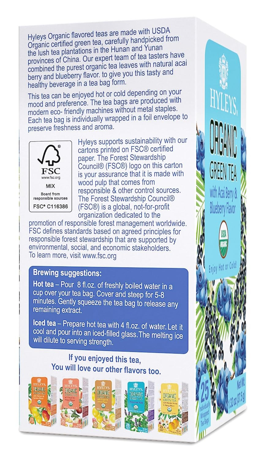 Hyleys Organic Green Tea Acai Berry and Blueberry Flavor – 25 Tea Bags