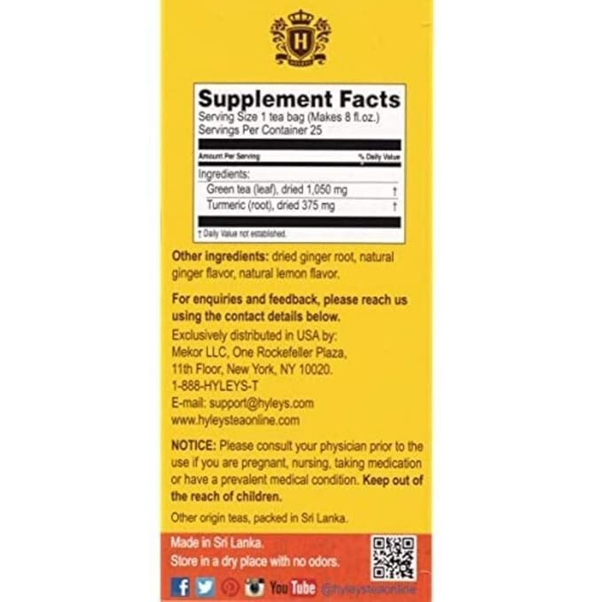 Hyleys 100% Natural Turmeric Tea Green Tea w/ Ginger & Lemon Flavor, 25 Tea Bags