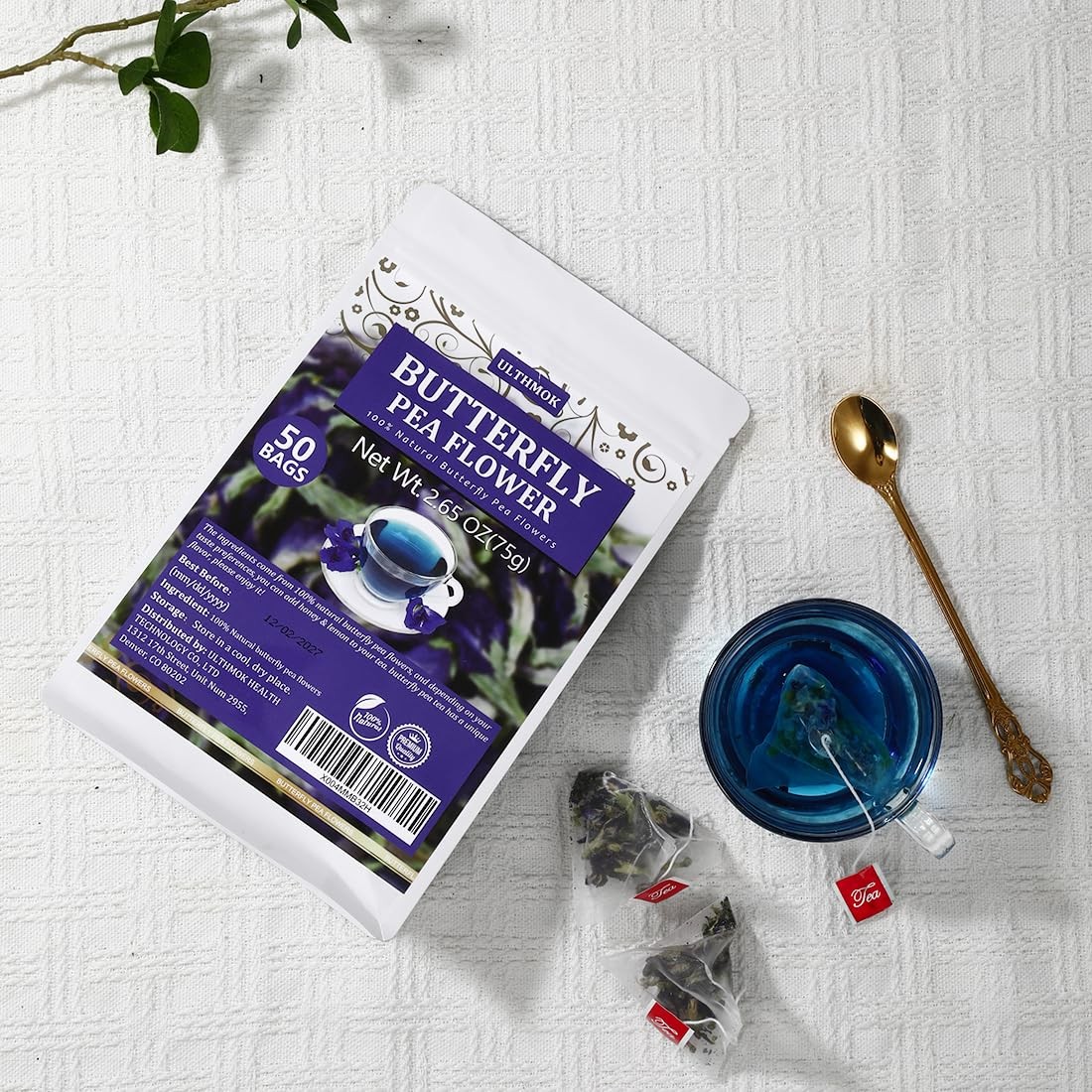 Premium Butterfly Pea Flower Tea Bags – 100 Natural, Caffeine-Free, 50 Count