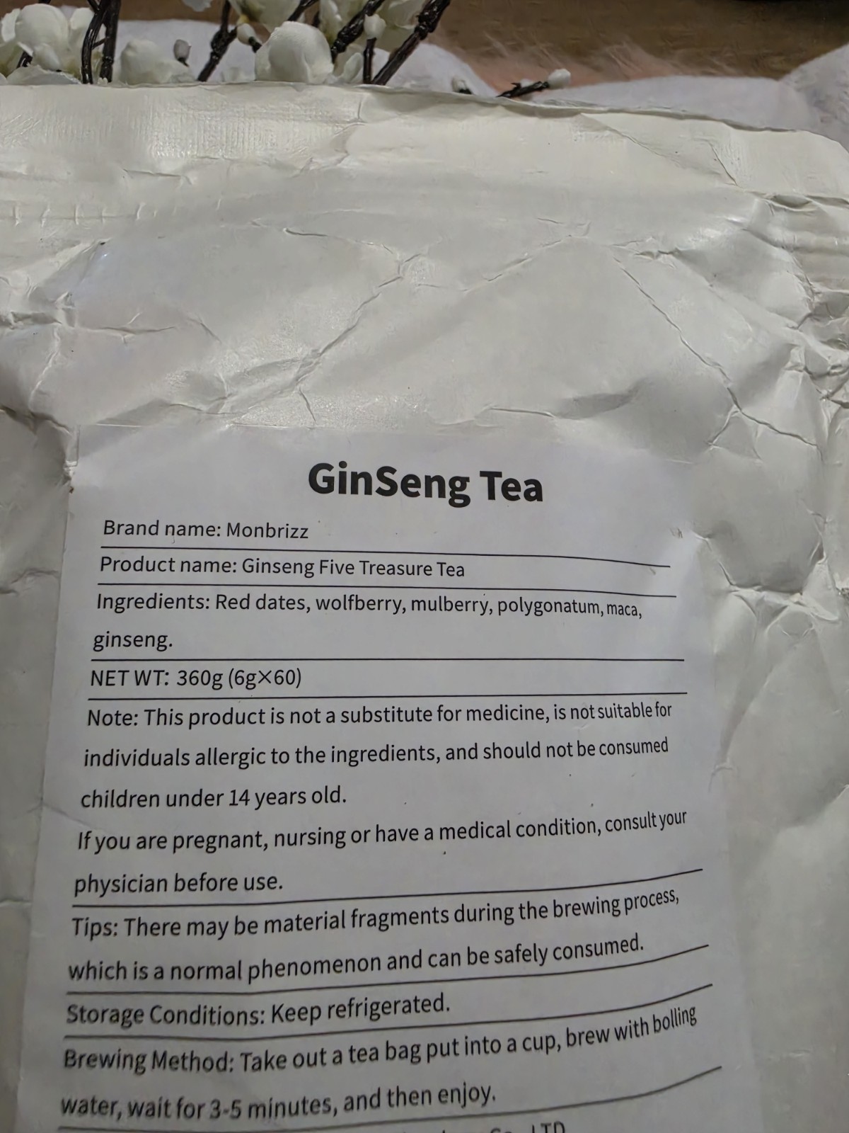 Monbrizz Ginseng Five Treasure Tea Bagged Vegan Ginseng Flavor 60ct 360g