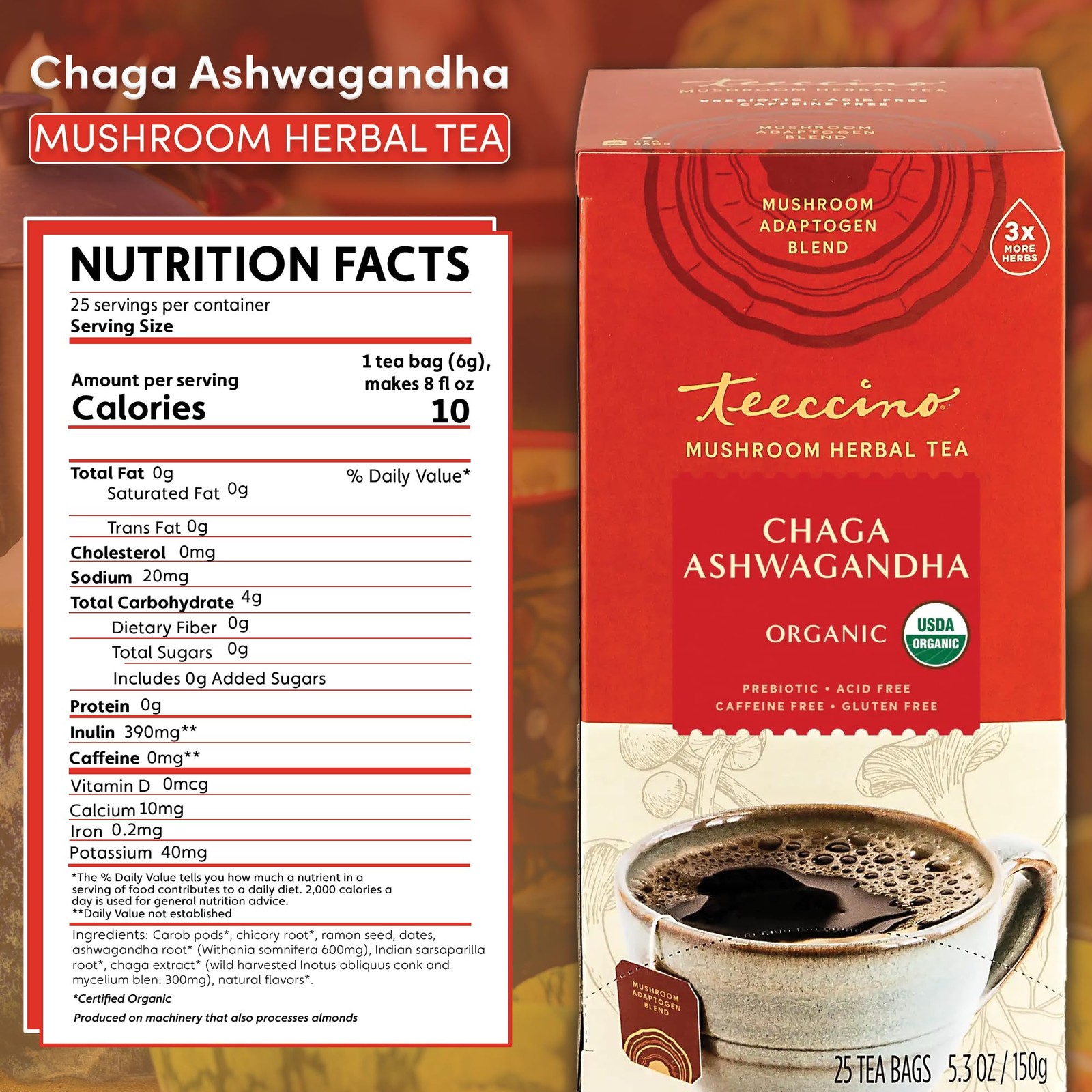 Chaga Ashwagandha Tea – Butterscotch Cream – Organic Mushroom Adaptogenic Her…