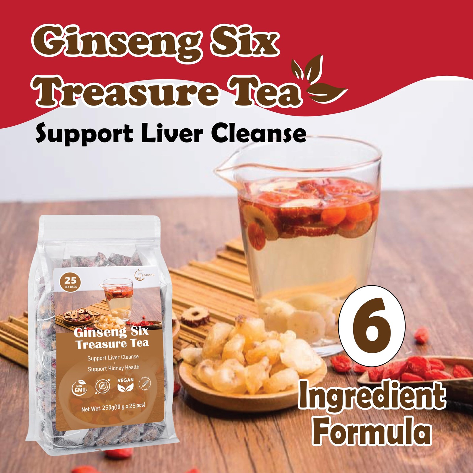 Kidney tea formula Ginseng Six Treasure Tea, Liver and 25 Bags/1 Pack