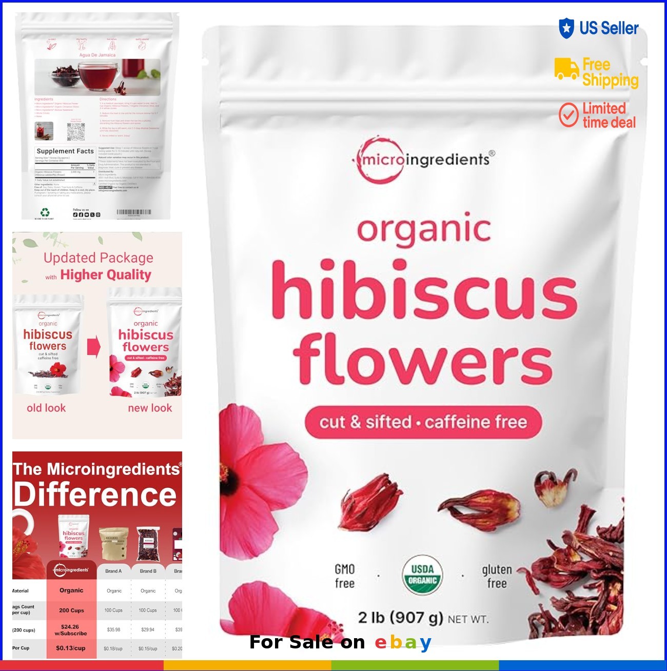 Organic Hibiscus Flowers Loose Leaf Tea Cut and Sifted 2 Pounds Caffeine Free