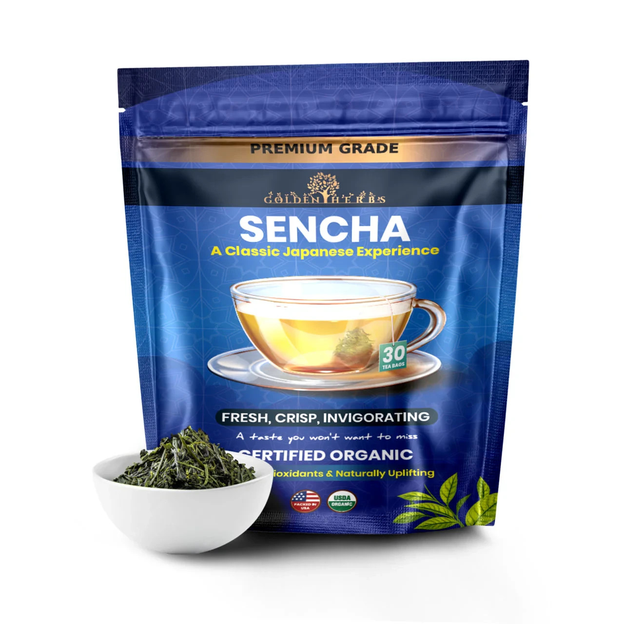 Golden Herbs USDA Organic Japanese Sencha Green Tea – 30 Tea Bags Packed in USA