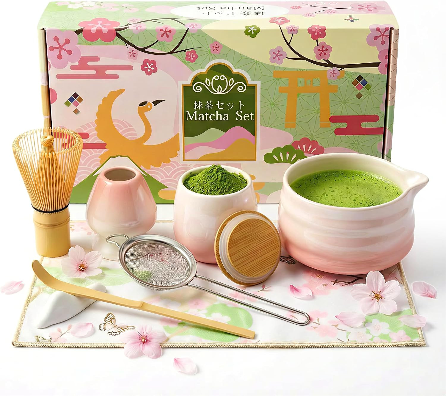 Matcha Whisk Set with Tea Caddy, Pink 8 Pcs Matcha Kit Includes Bowl