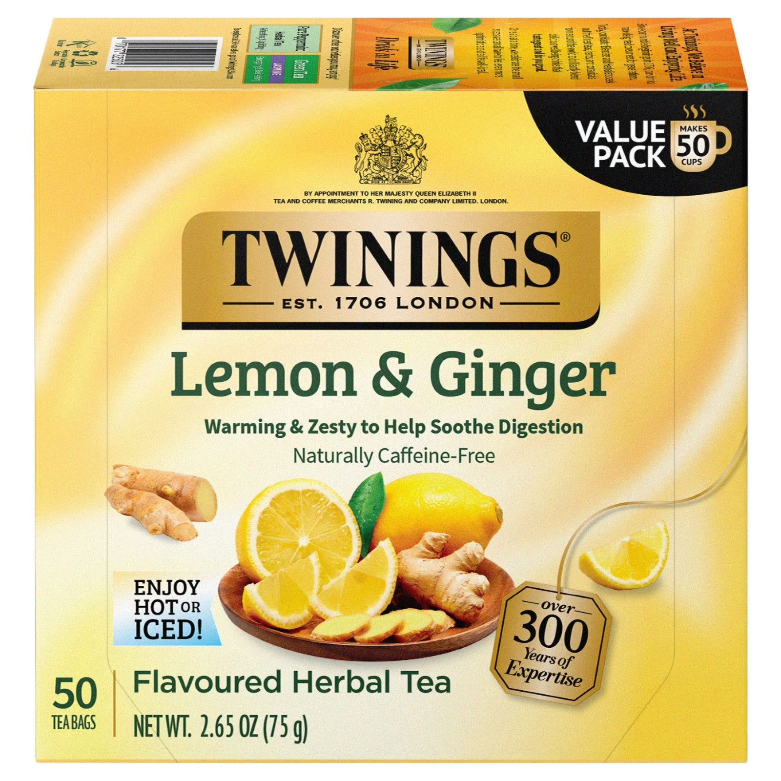 Twinings Lemon & Ginger Herbal Tea Bags Caffeine Free 50 Count Box-FREE SHIPPING