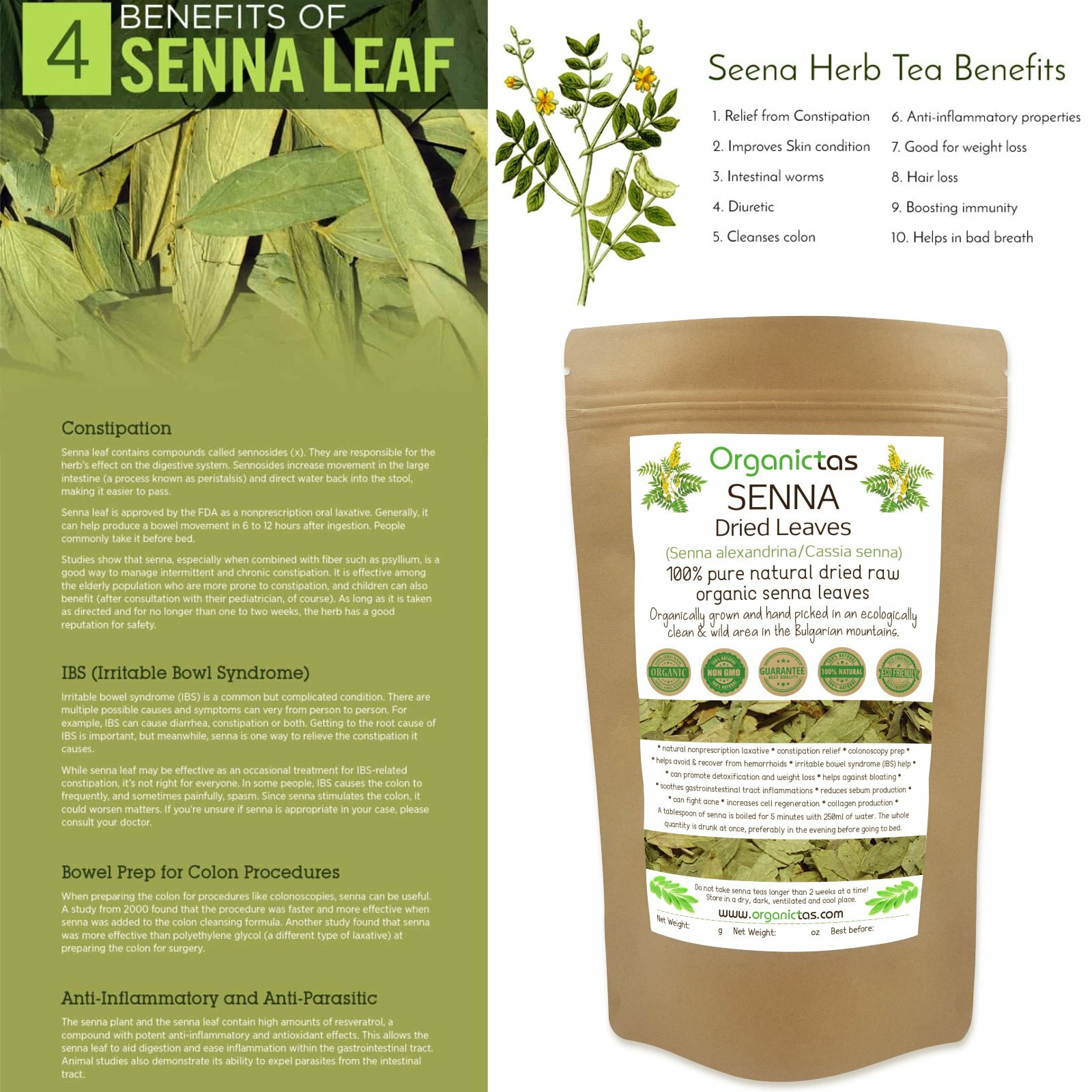 Organic SENNA LEAVES Herbal Tea Constipation Detox Weight Loss Premium Quality