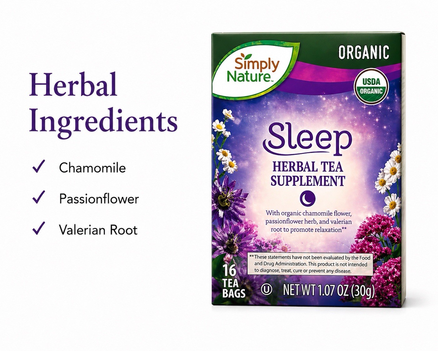 Organic Sleep Tea Chamomile Valerian Root Herbal Blend Nighttime Relaxation 16Ct