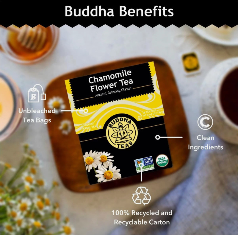 Buddha Teas Chamomile Flower Tea 18 Count Caffeine Free Organic Herbal Blend