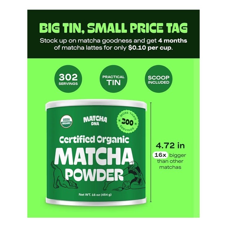 Matcha DNA Certified Organic Green Tea Powder 16 oz Tin