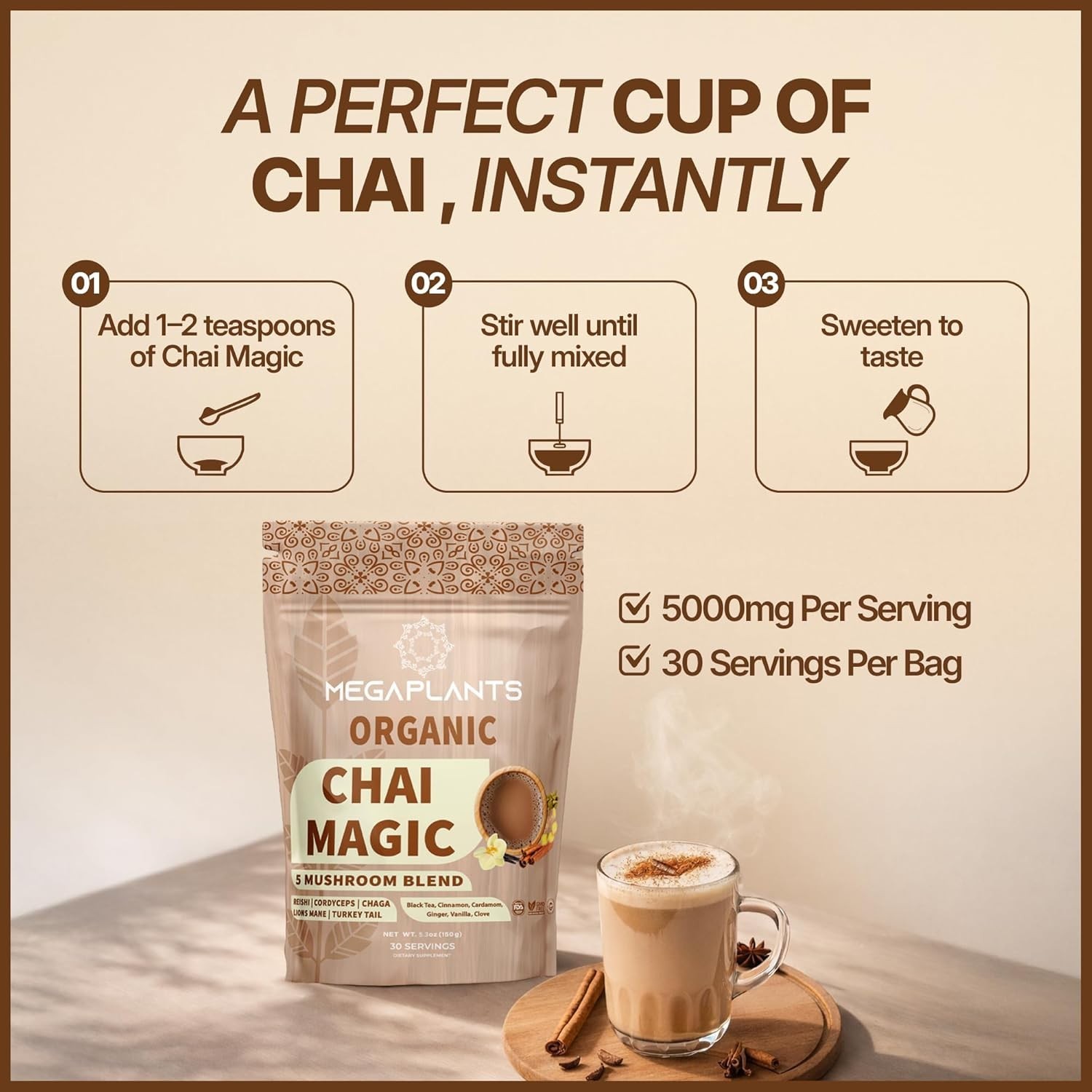 Adaptogenic Mushroom Chai Tea 30 Servings | No Crash Energy & Focus Blend wit…