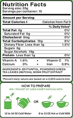 Ujido Matcha Green Tea Powder Monk Fruit Sweetened 10 Packets Sugar Free