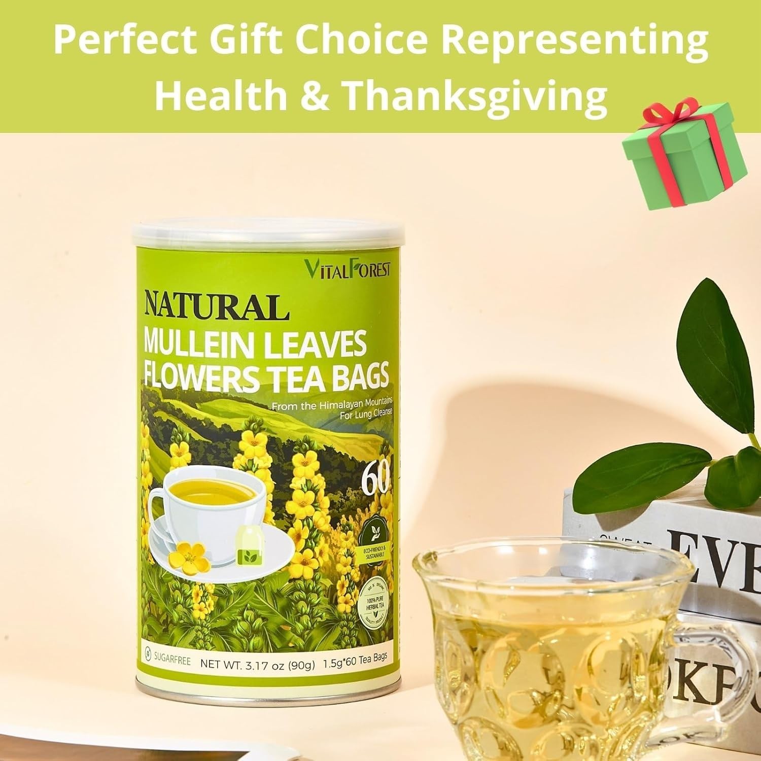 60 Mullein Leaf Tea Bags for Lungs, VitalForest 100% Pure Mullein Mullins Detox
