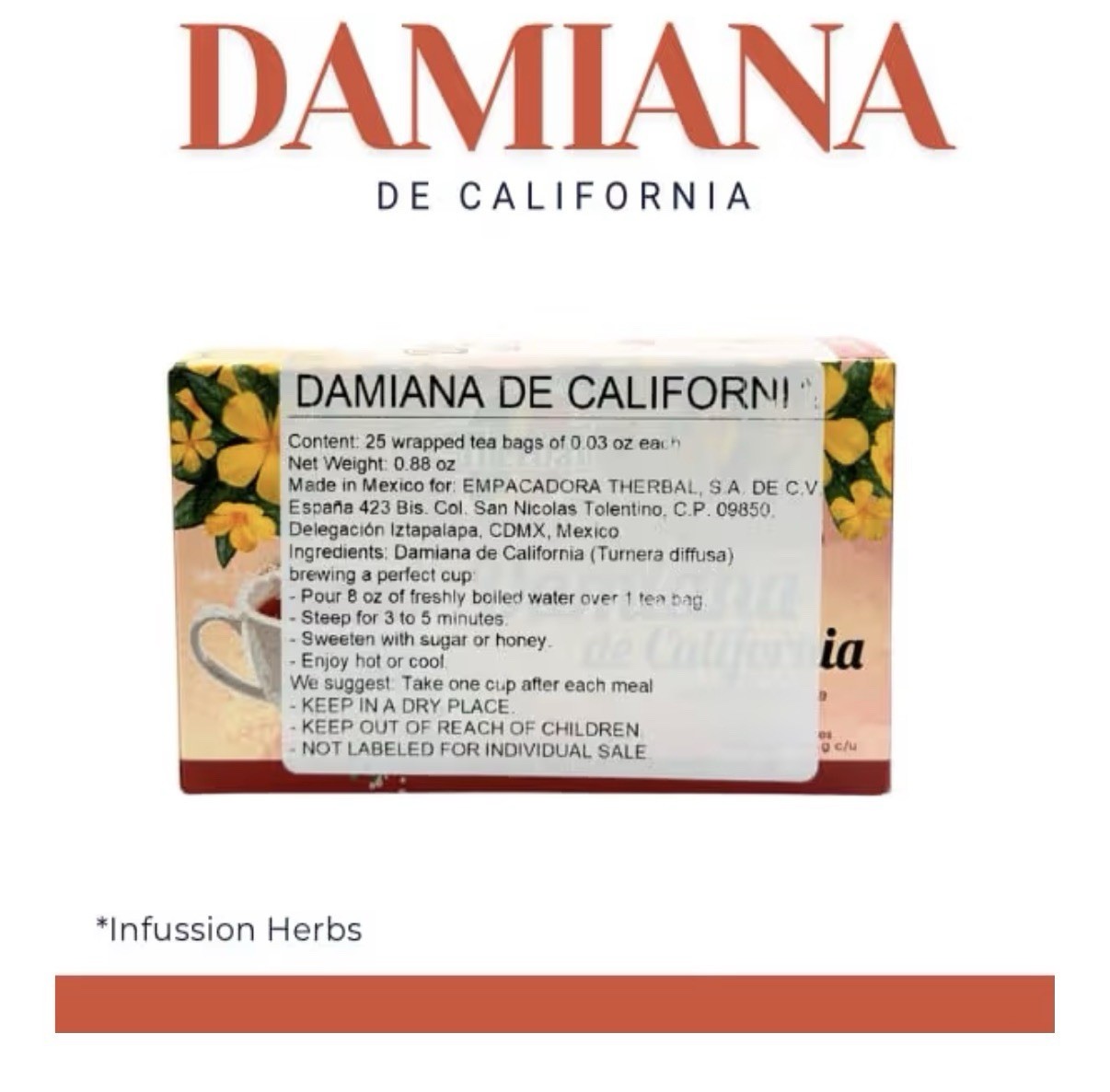 Therbal Damiana de California Herb 25 Tea Bags CaffeineFree 100% Turnera diffusa