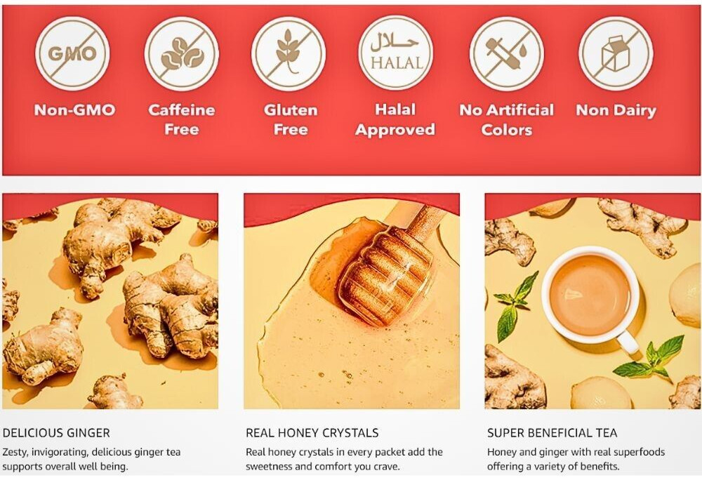 Tea Ginger Honey Lemon Crystals Instant Bag Packets Non GMO Gluten Caffeine Free