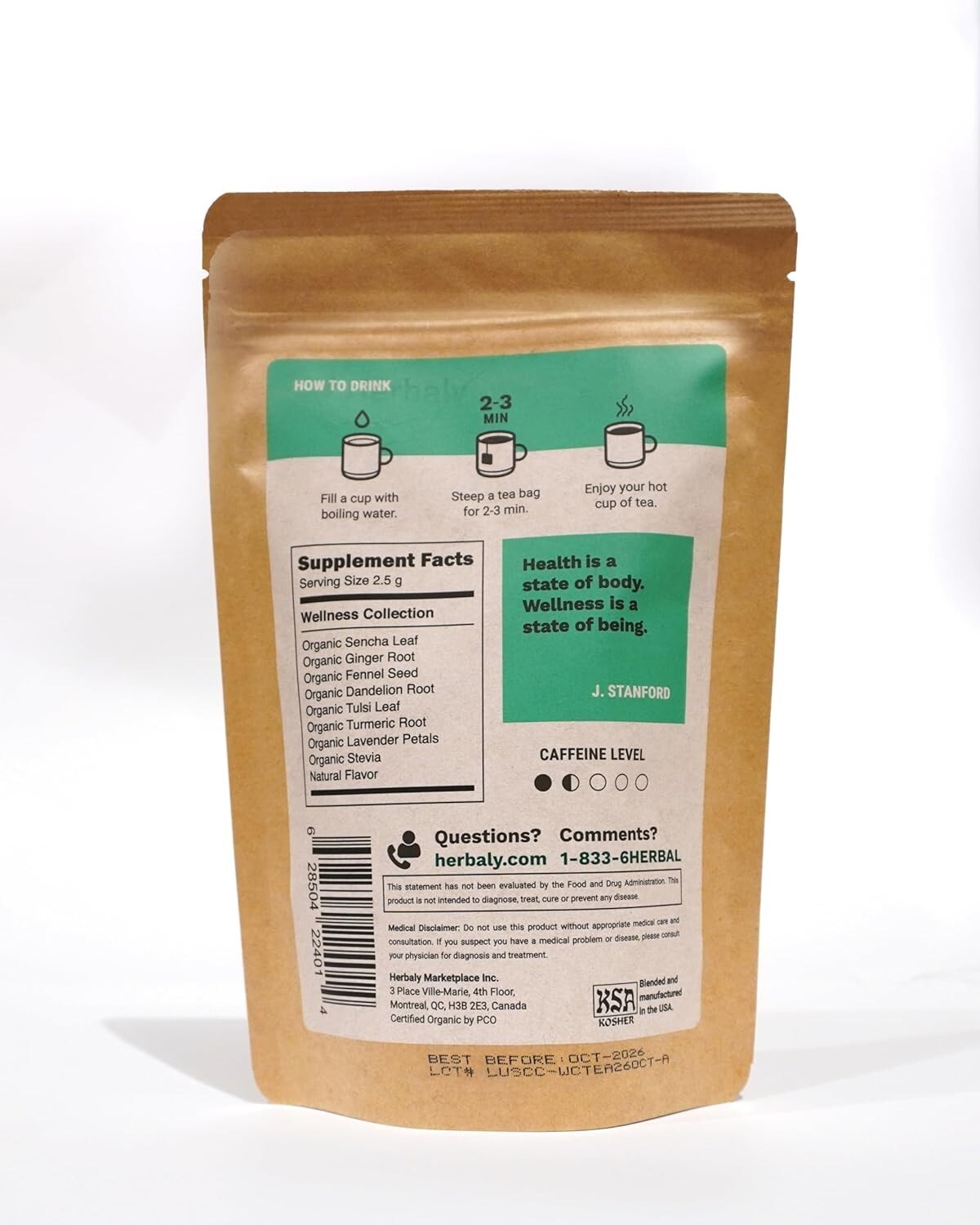 Herbaly Wellness Collection Organic Herbal Ginger Tea, 70 g, 28 Count Bag