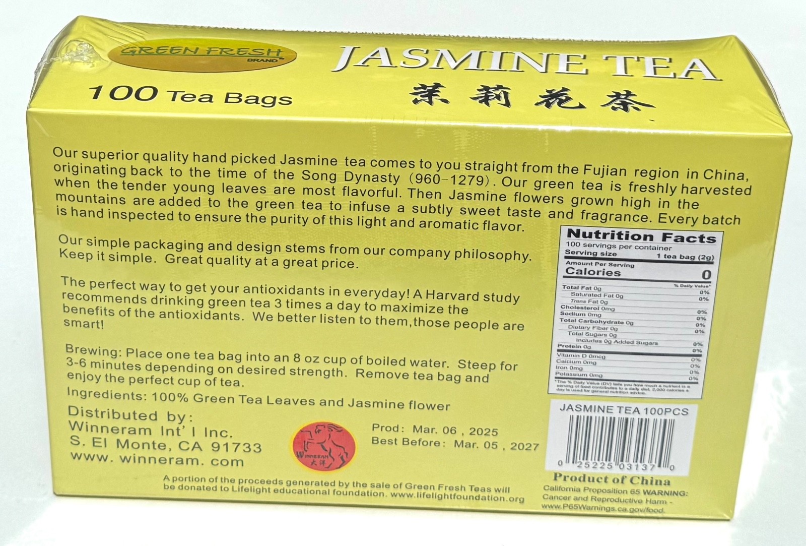 Green Fresh 100-Count Jasmine Tea Bags 100% Natural Handpicked from Fujiang 7oz