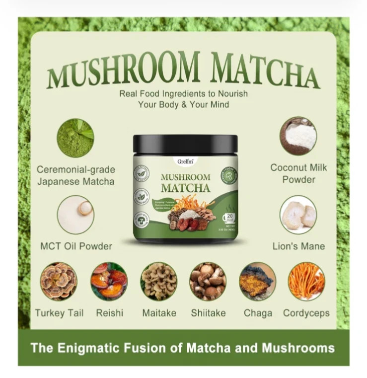 Grelim Mushroom Matcha Infused With 7 Superfood Mushrooms, 20 Servings Exp 12/27