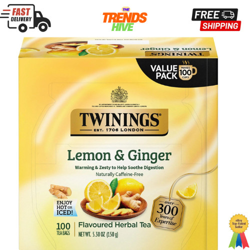 Twinings Lemon & Ginger Herbal Tea Individually Wrapped Bags, 100 Count