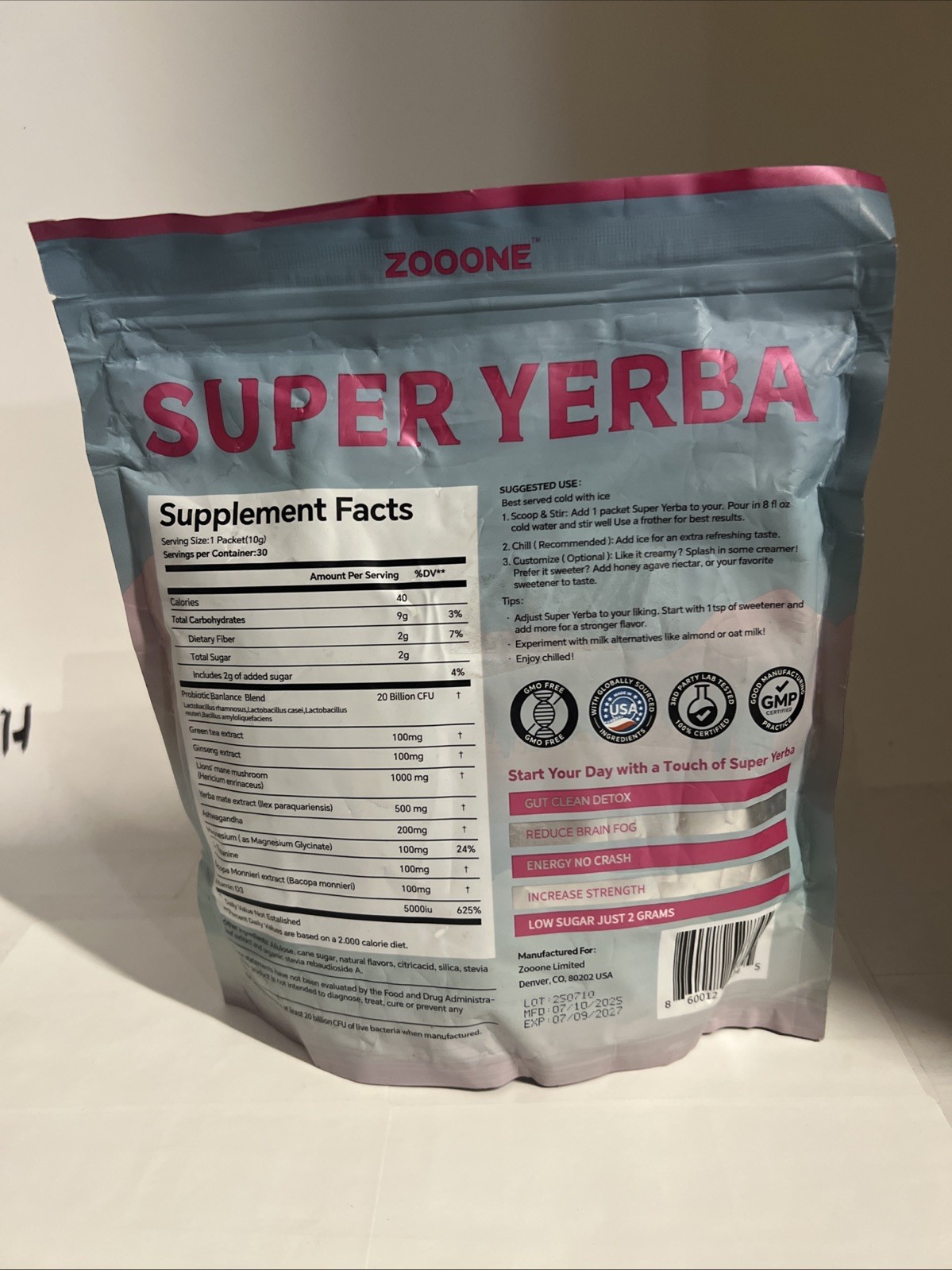 Zooone Super Yerba Instant Powder- Raspberry Lemonade –30 Servings Exp 7/27