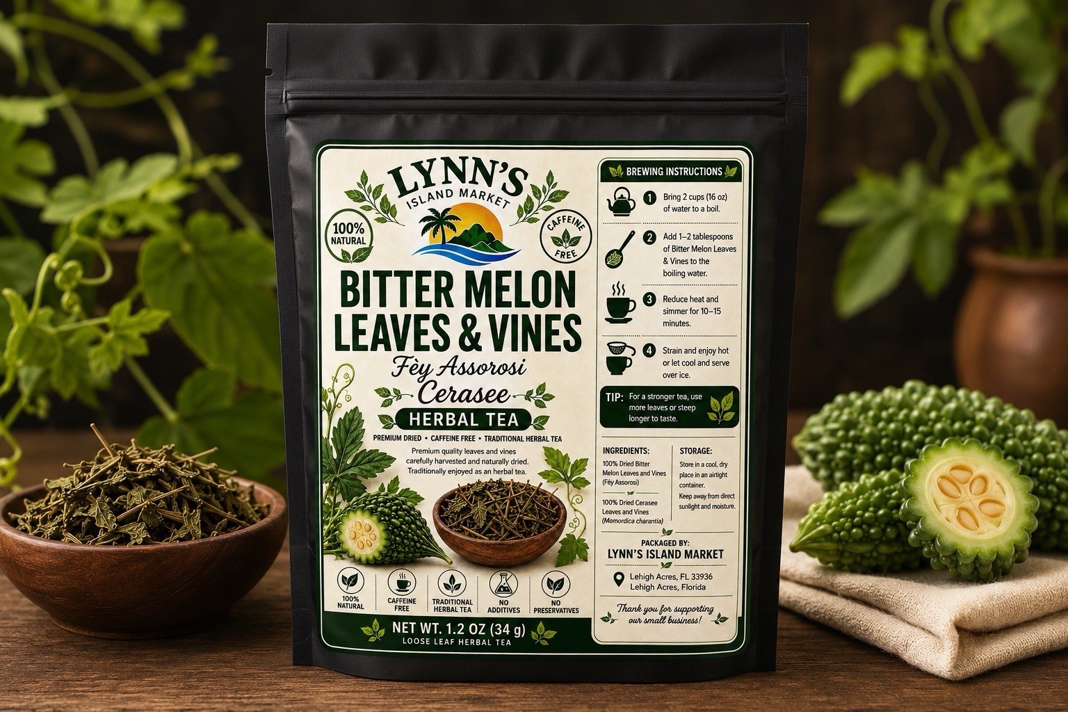 Lynn’s Island Market Bitter Melon Leaves & Vines Tea, Herbal, Loose Leaf 34g