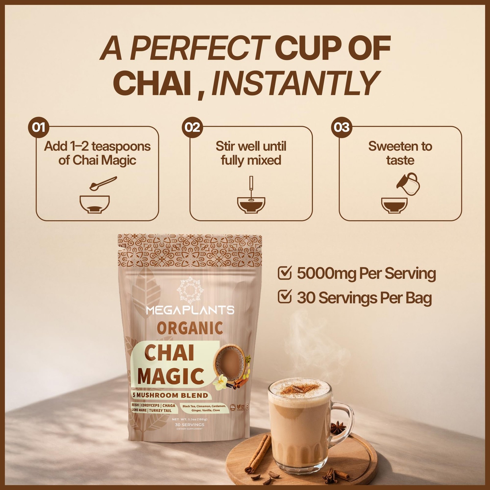 Adaptogenic Chai Tea (30 Servings) | No Crash Energy & Focus Blend with Lion’…