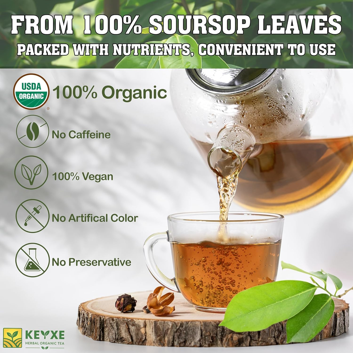KEYXE – USDA Organic Soursop Graviola Leaves Tea 50 Bags. Non-Gmo Verified , 100