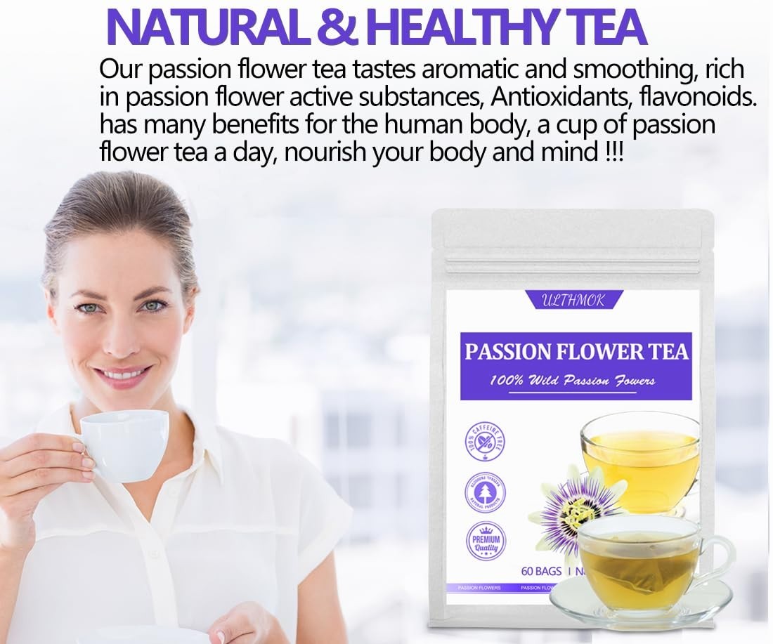 60 Premium Passion Flower Tea Bags, Made with 100% Natural Passionflower Leaves,