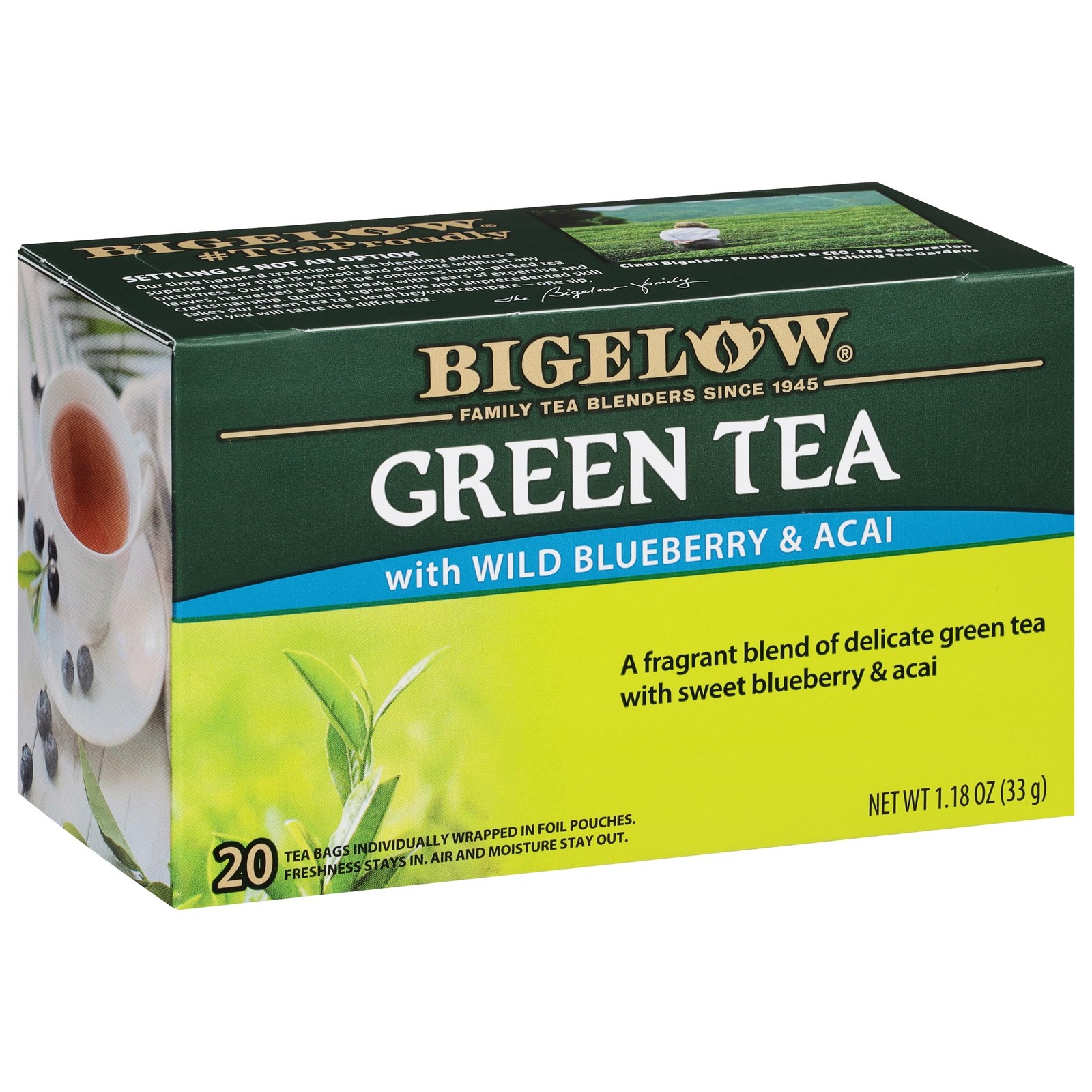 Green Tea Wild Blueberry Acai Caffeinated 20 Count Box Pack of 6 120 Bags