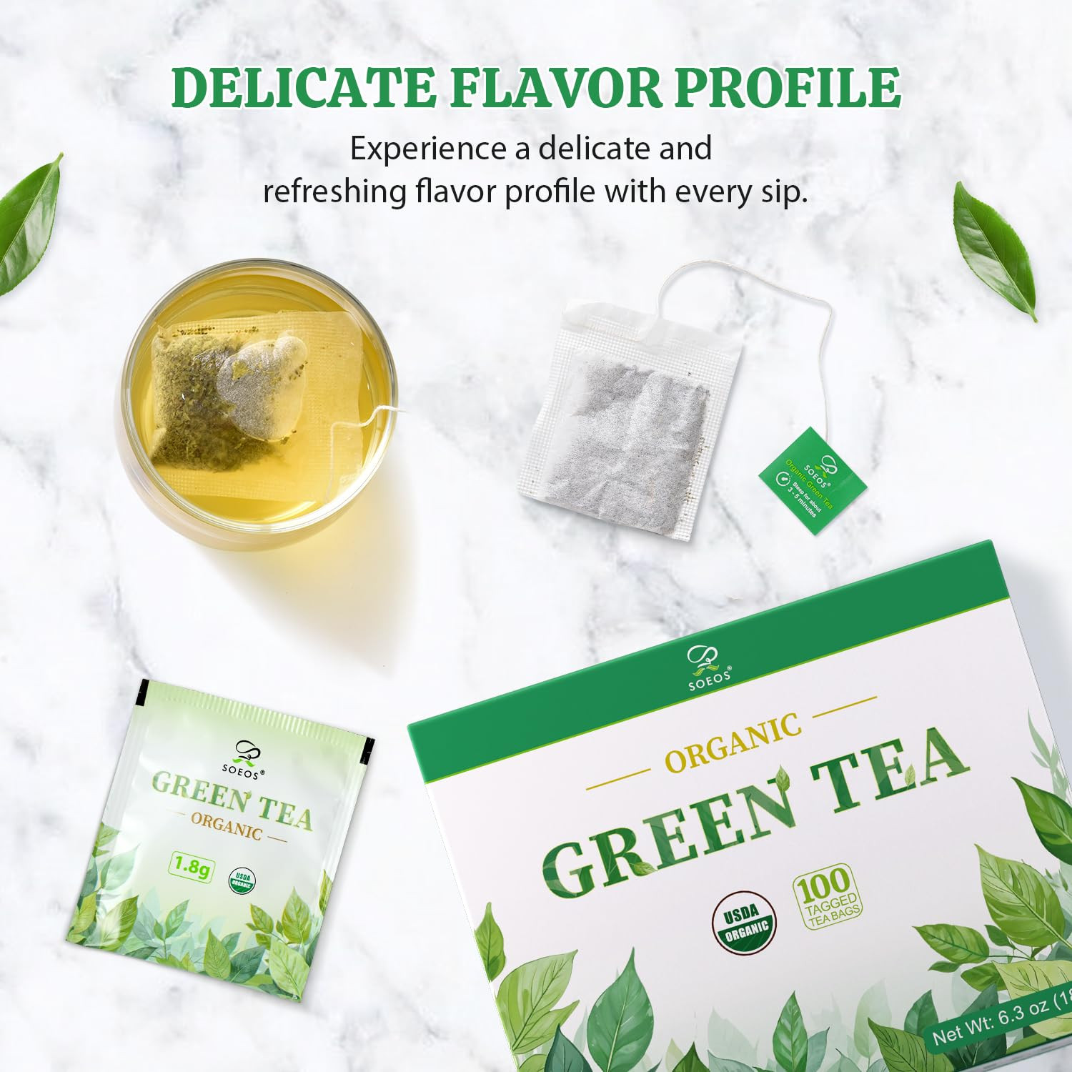 Organic Green Tea, 6.3 Oz (180G), 100 Tea Bags, Refreshing and Fragrant, Sustain